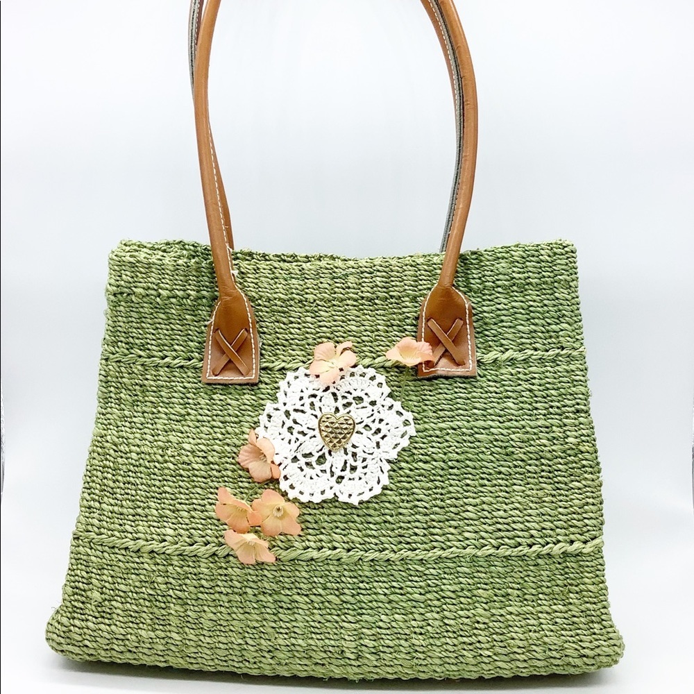 Rising Sun Green Woven Straw Shoulder Bag Brown Faux Leather Handle Floral Lace